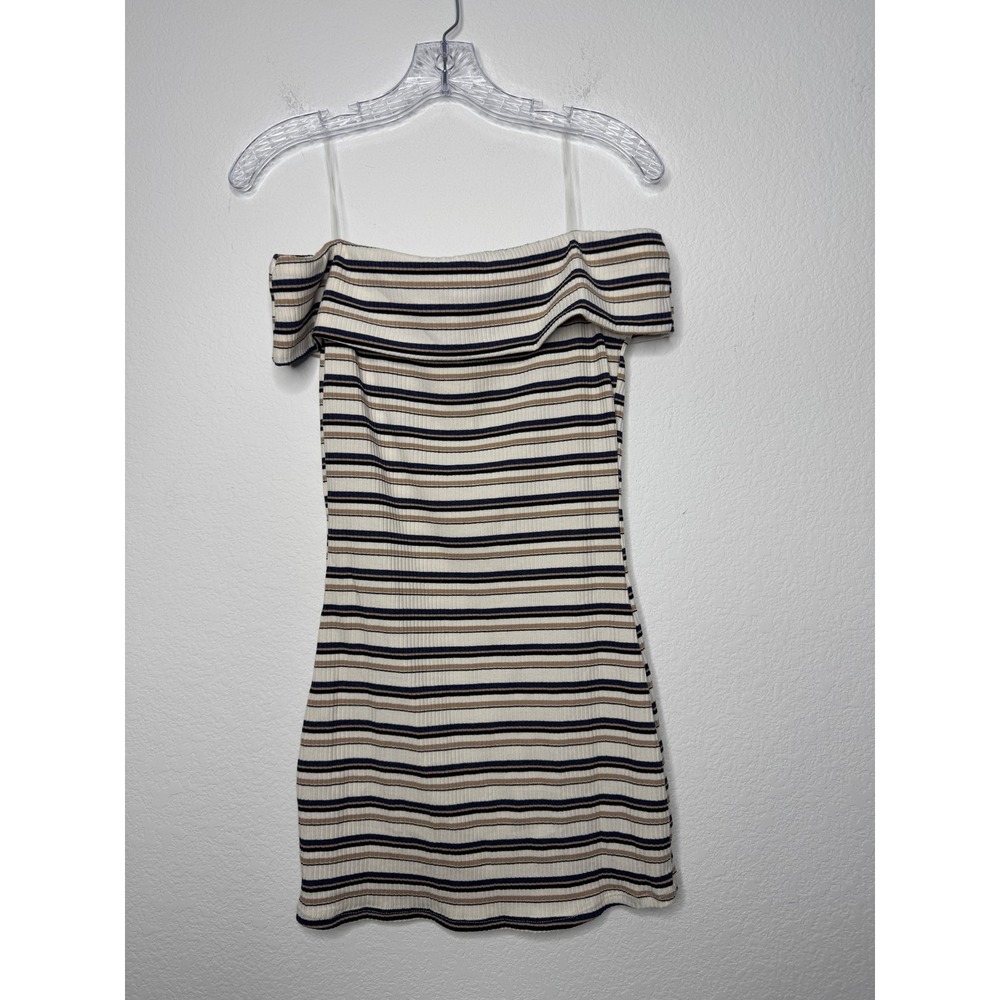 Windsor Women Taupe Navy Striped Off The Shoulder Ribbed Mini Dress Large NWT